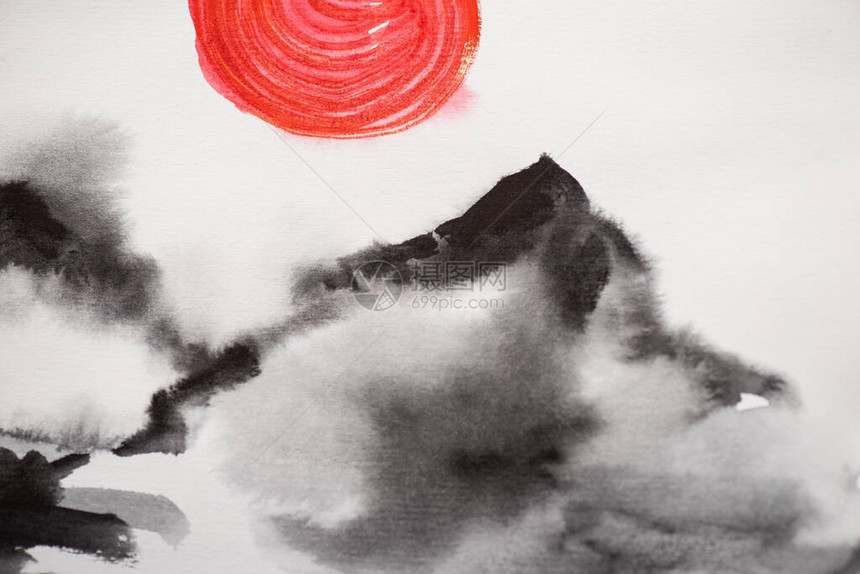 日本画与山丘和白底红日图片