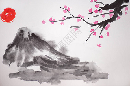 白色背景上有太阳山丘和樱花树枝的日本画图片