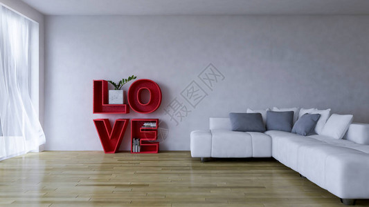 以房养老室内设计客厅的3d渲染图像白色的沙发套和红色的LOVE字样在以开裂的混凝土墙为背景的木地板上设计图片