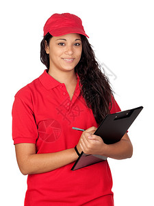 红色制服和剪贴板的年轻工人白图片