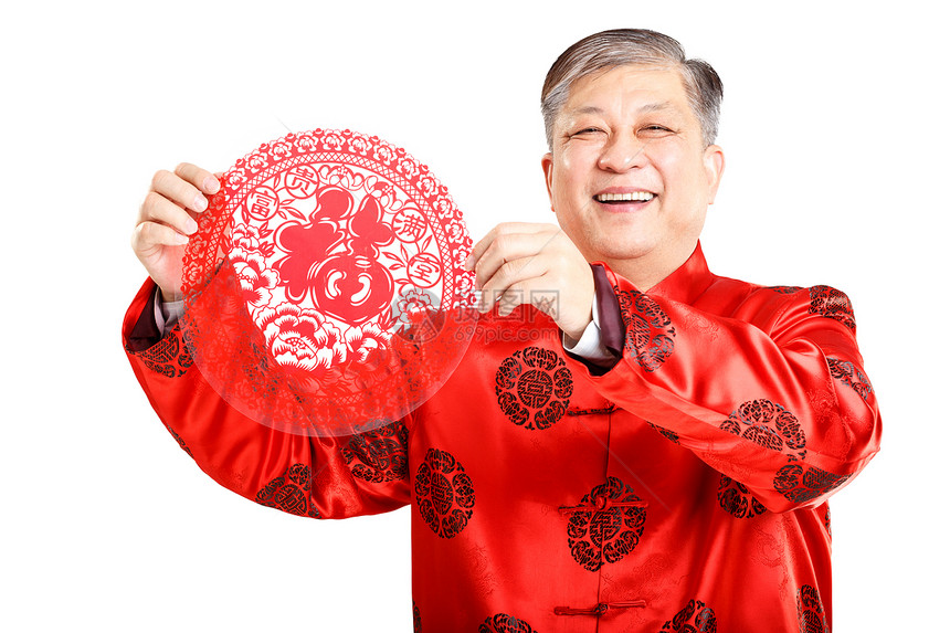 中文男子在国语中的肖像手势纸剪和红包的字只表示祝图片