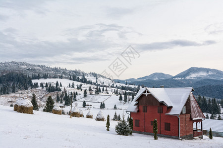 特兰西瓦尼亚白雪皑的山丘上的风景和小屋图片