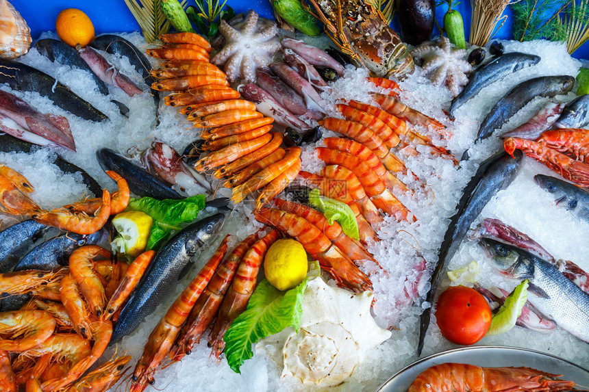 希腊克里特海产食品餐厅冰箱中的新鲜海图片