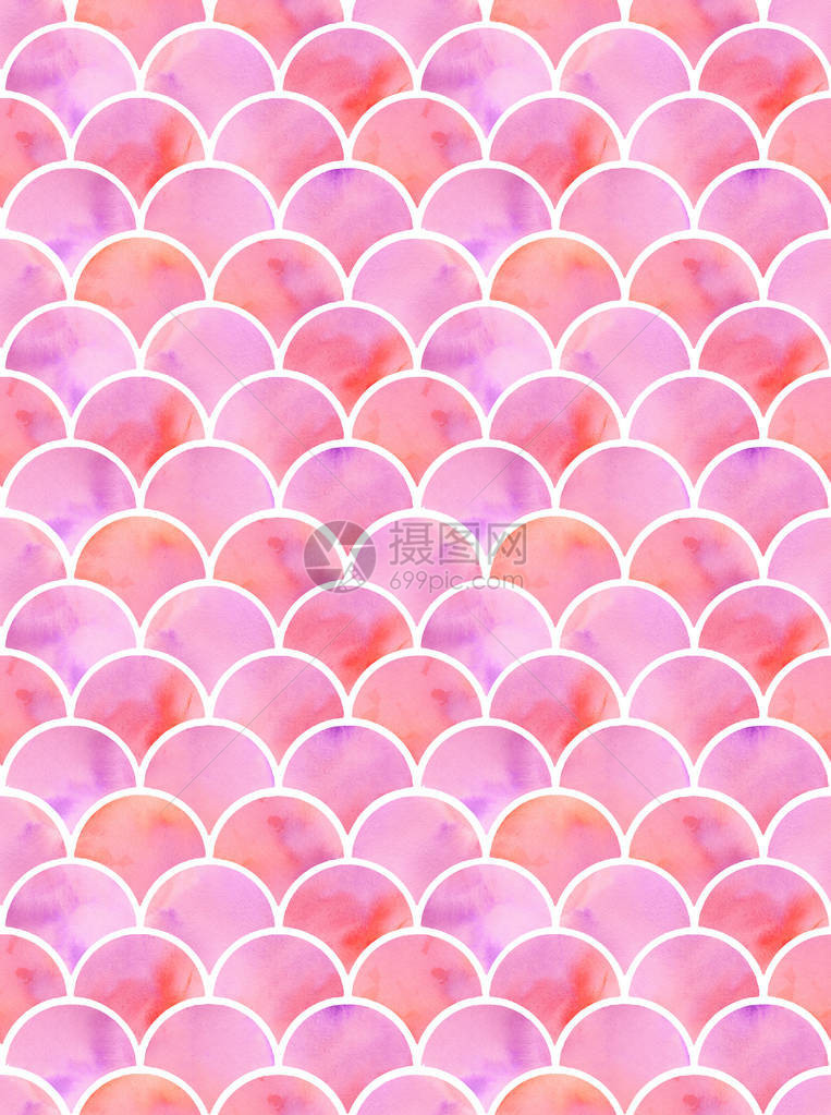 美人鱼的水彩粉红色鳞片无缝模式图片