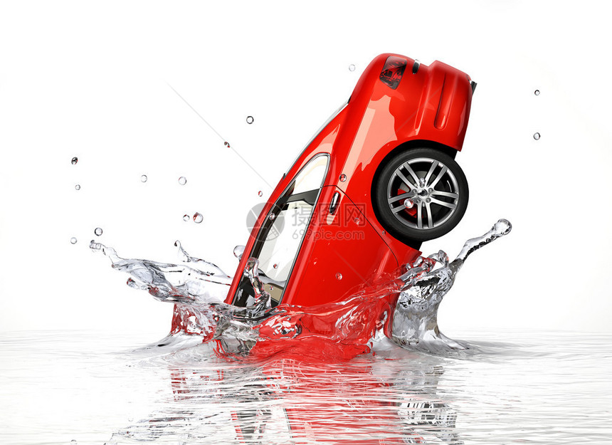 红色通用轿车坠落在水中被白底孤立的白图片