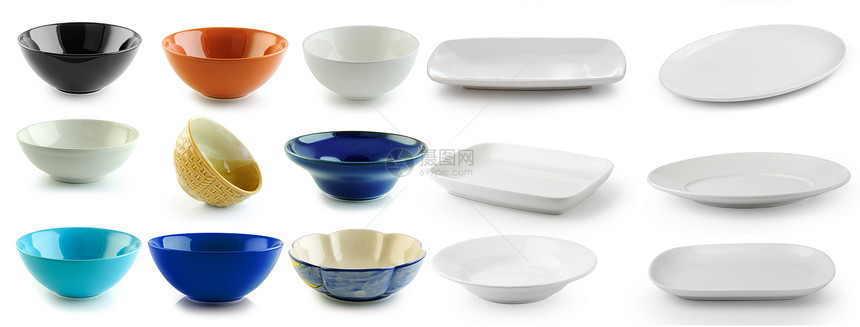 白色背景中的陶瓷碗和盘子图片