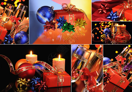 圣诞套图是香槟蜡烛和装饰品图片