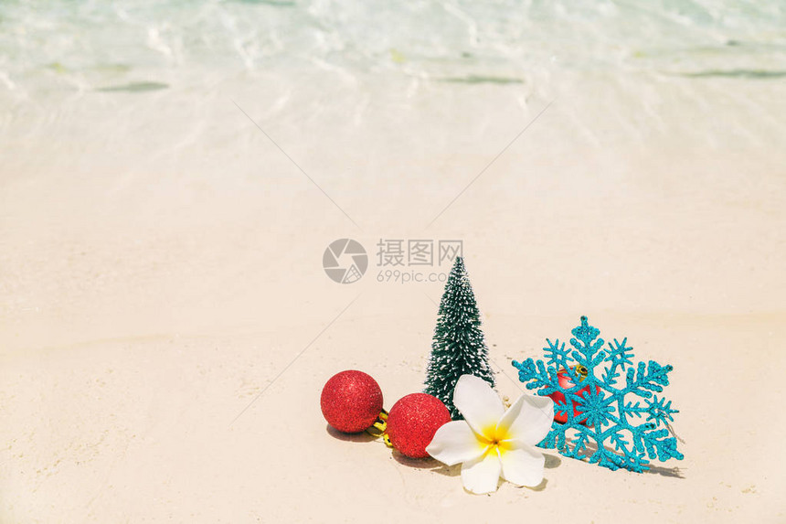海沙滩上的圣诞树装饰热带冬季假日X图片