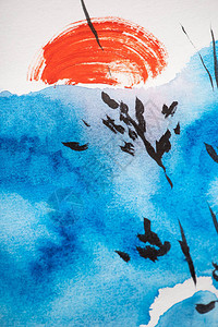 日本画蓝天树枝背景图片