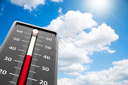 温度计表示蓝色天空的高温三维成像仪显图片