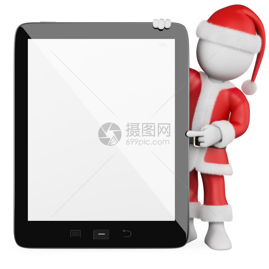 3d有圣诞老人服装和巨大的空白平板电脑的圣诞节人图像孤图片