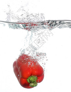 落入水中的红辣椒在白色背景图片