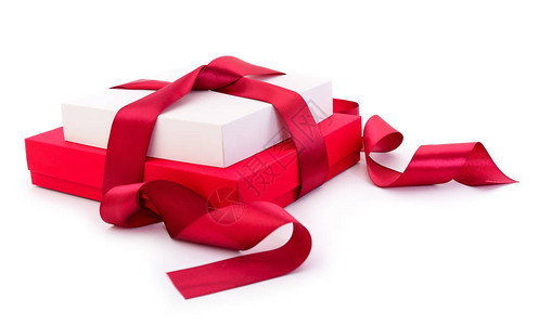 红色礼品盒红丝带白色背景隔离图片