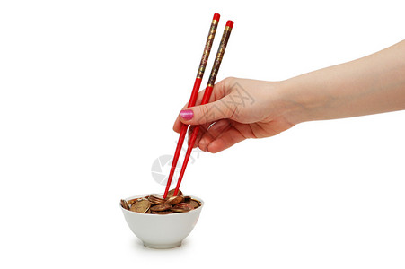 手拿着红筷子吃金币图片