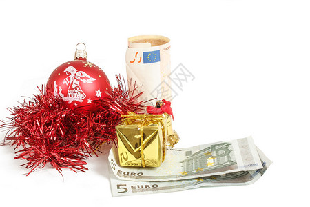白背景圣诞节礼物带欧元钞票的货币图片