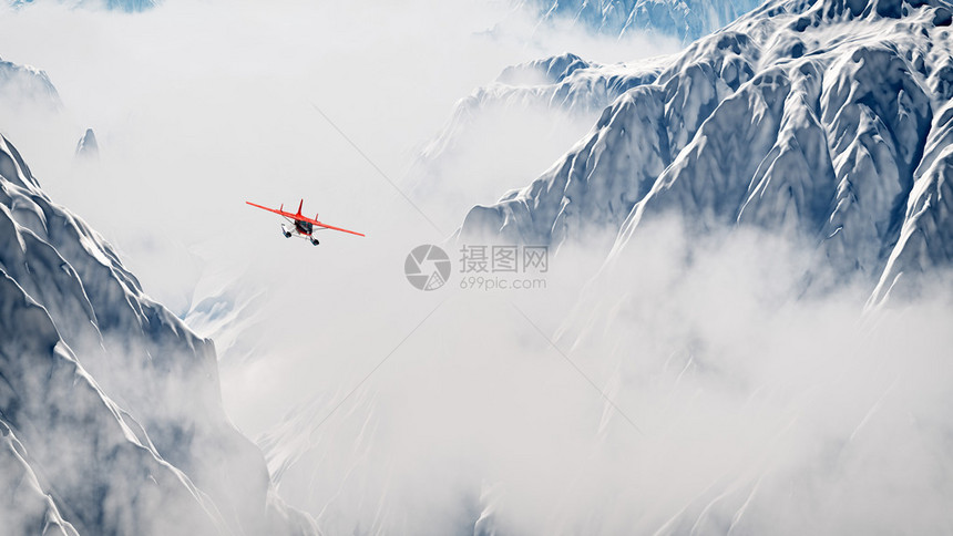 红飞机在云层雪山上空飞图片