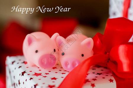 两只玩具猪坐在新年的礼物上加上图片