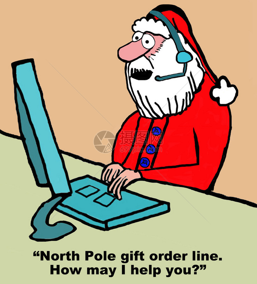 圣诞漫画显示圣诞老人作为顾客服务代表图片
