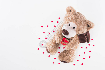 泰迪熊的顶部视图有心形礼物背景图片