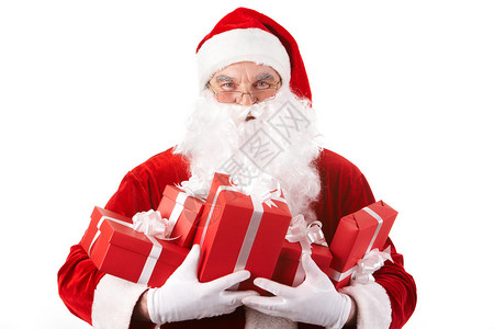 照片快乐的圣诞老人和红色礼品盒图片