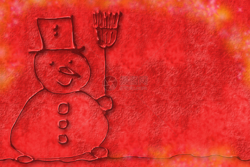 孩子在红色背景上画一个雪人图片