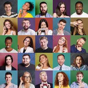 情感多样的多民族人的拼贴画彩色工作室背景上的一组男和女正图片