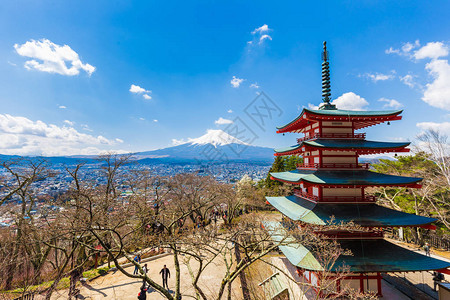 日本富士山上的雪红塔下吉田神社图片