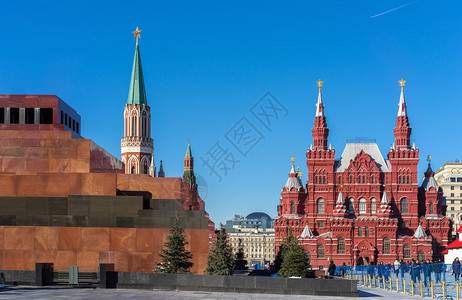 历史博物馆和俄罗斯莫科红广场上的列宁陵墓图片