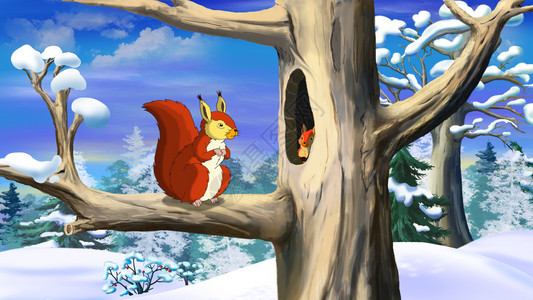 红松菇冬季森林的一个空洞附近红松插画