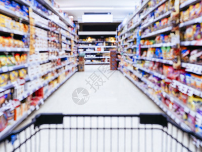 从购物车的角度看模糊的超市货架和生产者图片