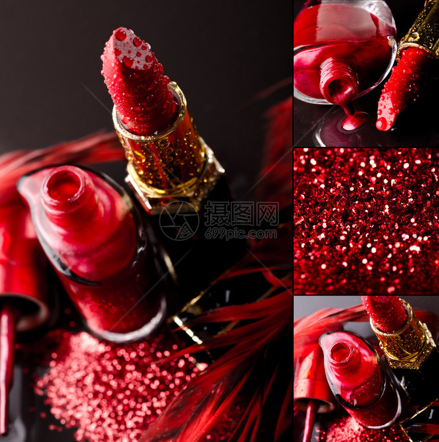黑色背景上红色唇膏和指甲油的化妆品背景图片