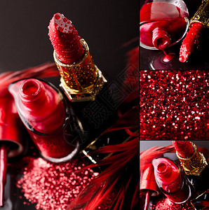 黑色背景上红色唇膏和指甲油的化妆品背景图片