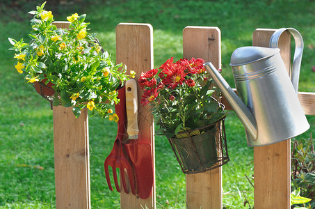 花盆水罐和工具挂在图片