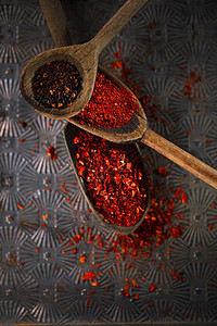 古铜质金属本底的旧勺子中的红色热辣背景图片