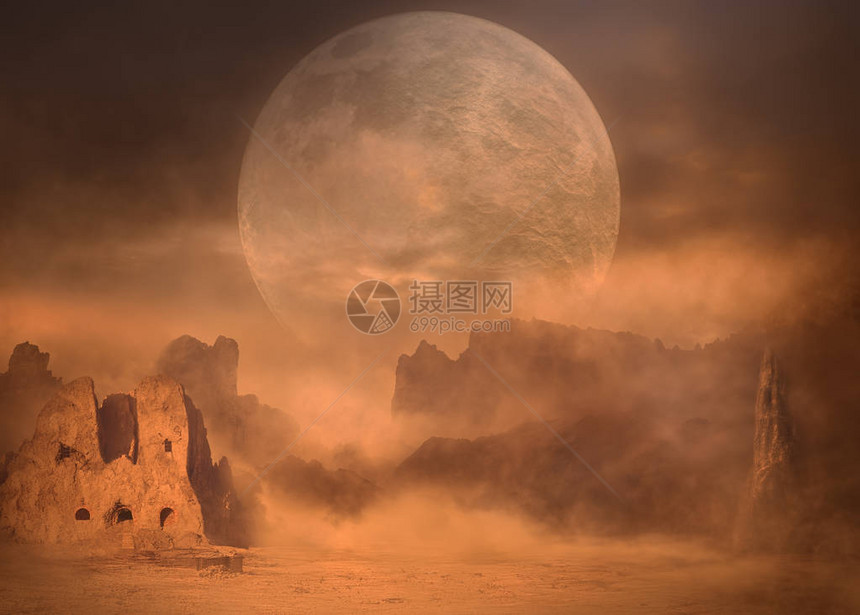 超级月亮在神秘的沙漠风景上图片
