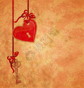 红色心和钥匙挂在红丝带的爱情主题上我非常背景图片