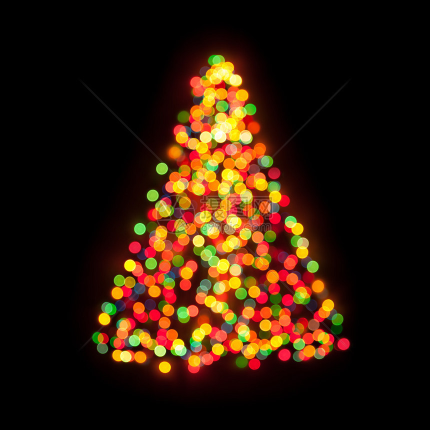 圣诞树散景灯黑色隔离图片