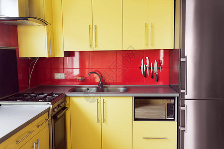 黄色厨房配有带铰链门的橱柜图片