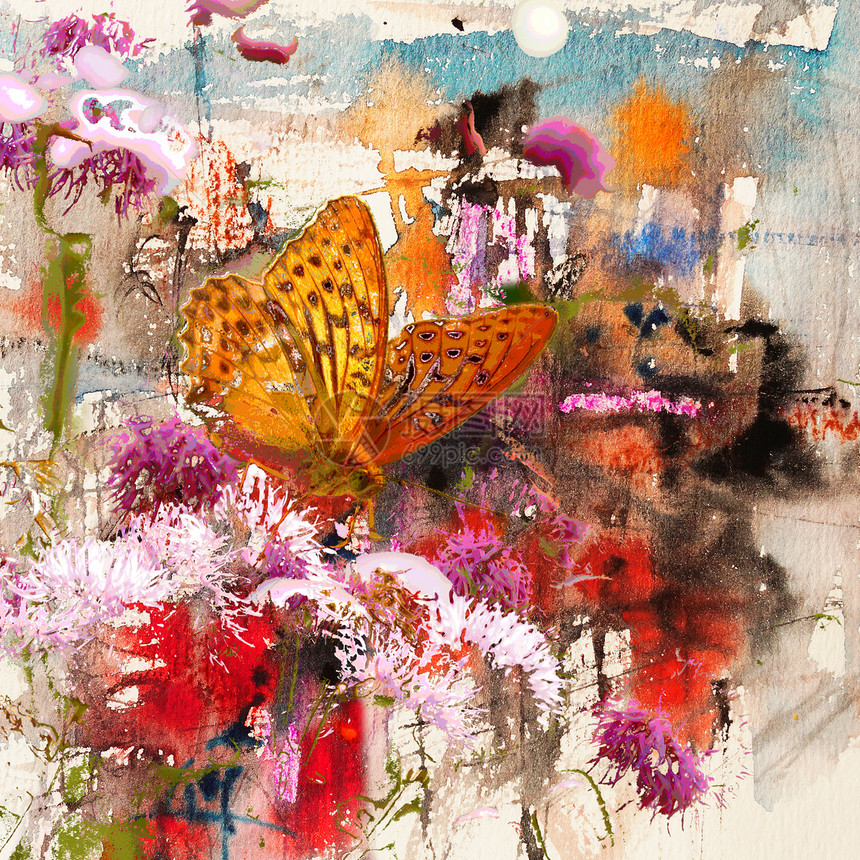 蝴蝶和抽象水彩色混合图片