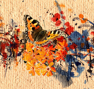 纸上蝴蝶和水彩画混合媒体背景图片