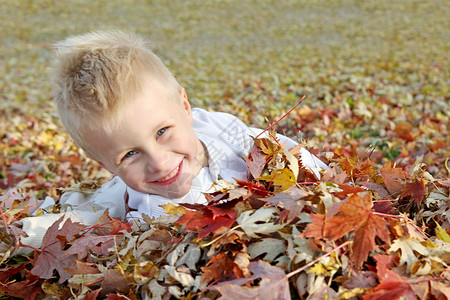 一个可爱快乐的小孩正躺在一堆五颜六色的落叶里图片