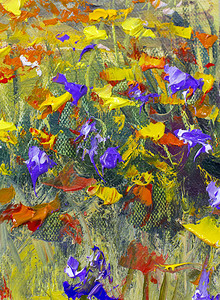 原创手工抽象油画鲜艳花朵制作调色刀图片