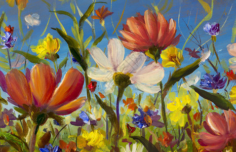 艺术品手工抽象油画鲜艳的花朵卉景观黄色蓝色紫色抽象花背景图片