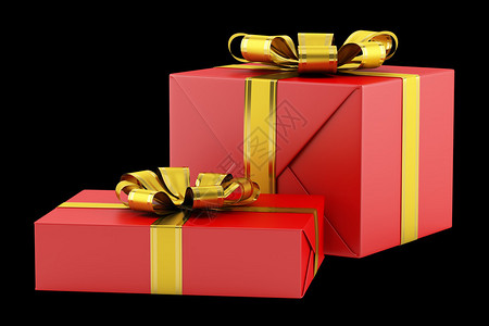 两个红色礼物盒有金丝带黑背景隔图片