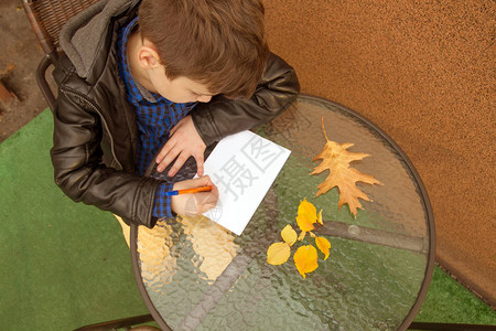 男孩正在写东西男孩在户外做作业男孩在纸图片