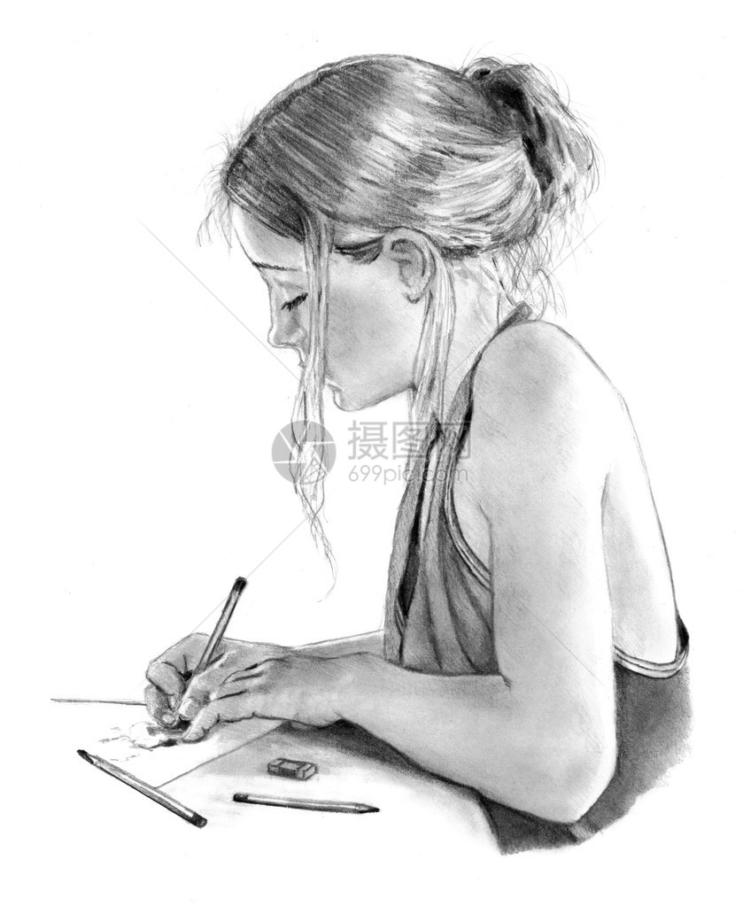一个年轻女孩写笔记或画的现实主义铅笔画图片