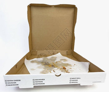用油腻的蜡纸清空打开的比萨盒图片