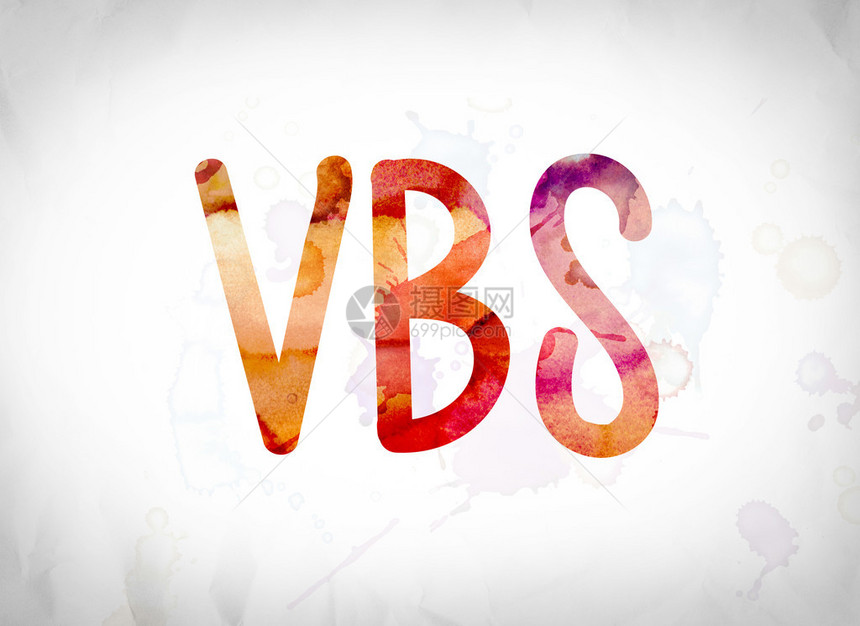VBS这个词写在水彩色的洗涤器上在白皮书背景图片