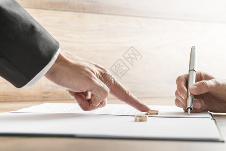 男手将结婚戒指推到即将签署离婚文件的女手上离婚图片