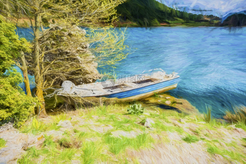 鱼船在多云的天空下的蓝色湖泊景观绘画效果图片